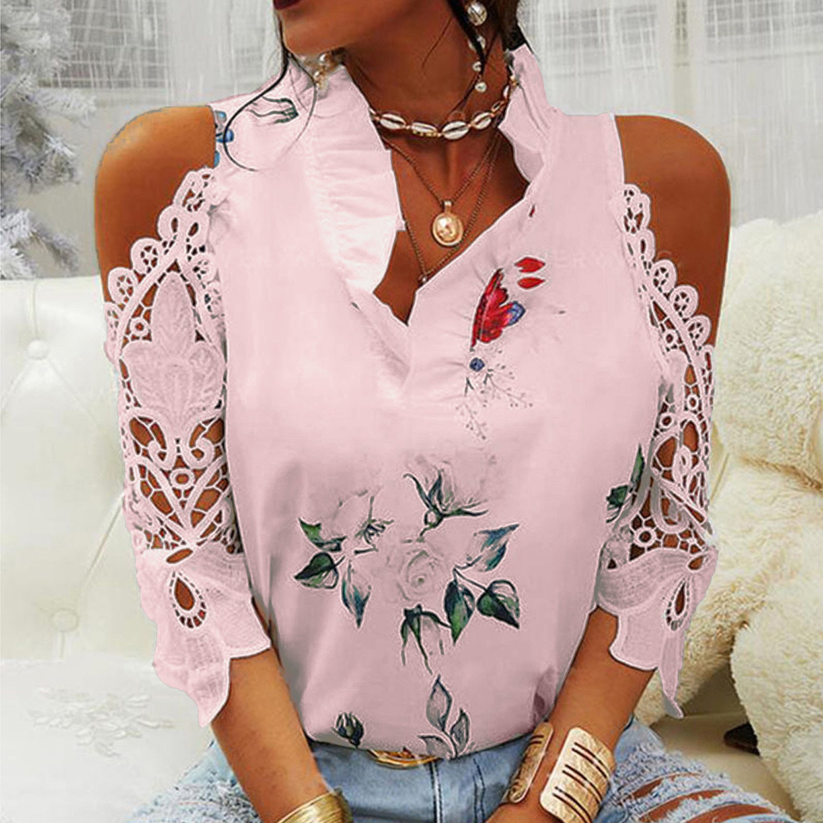 Summer Women's Top Flower Print Pullover Off-shoulder Lace Stitching Long Sleeve T-shirt