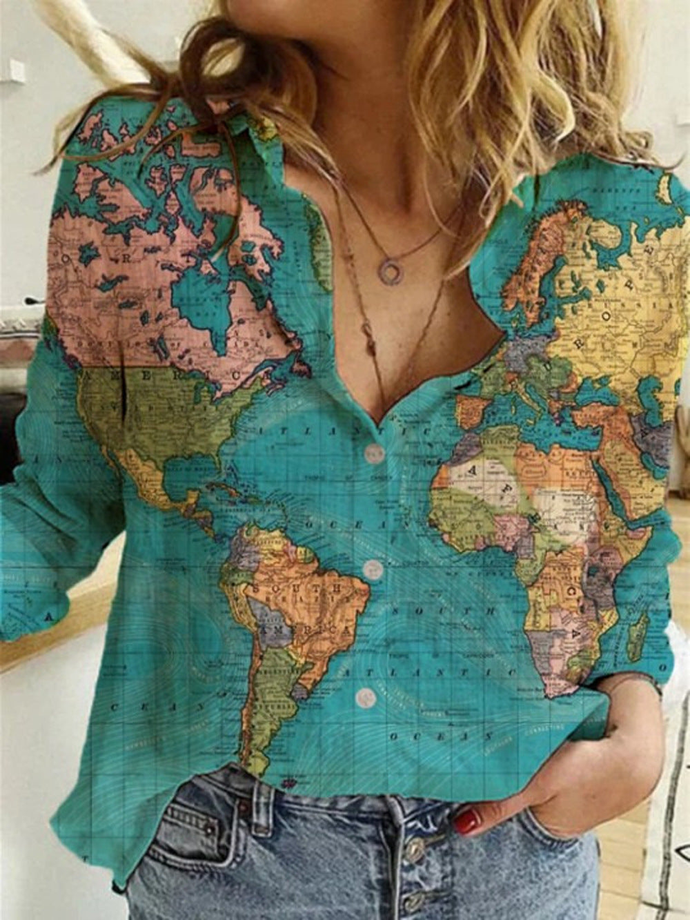 Casual Map Straight Type Printed Long-sleeved Women's Shirt