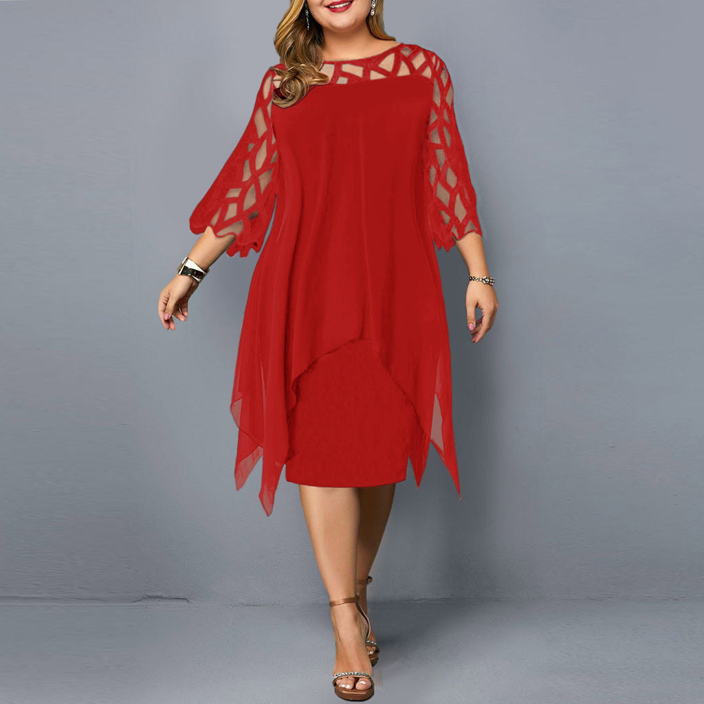 Lace Stitching 3/4 Sleeve Mid Skirt Irregular Hem Chiffon Dress