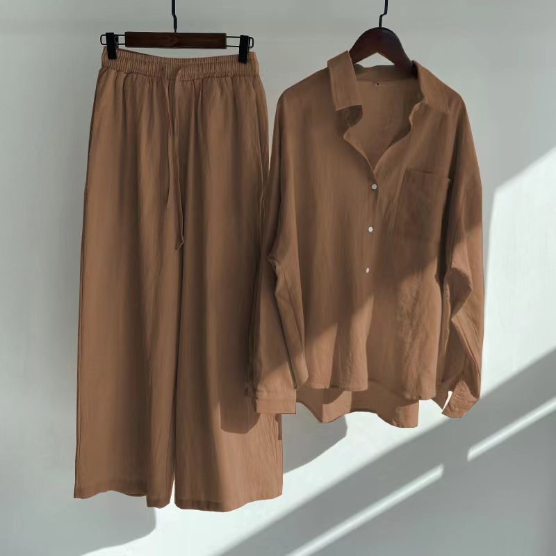 Women's 2-piece Retro Plus Size Collage Stitching Cotton Linen Outfit High Waist Loose Shirt