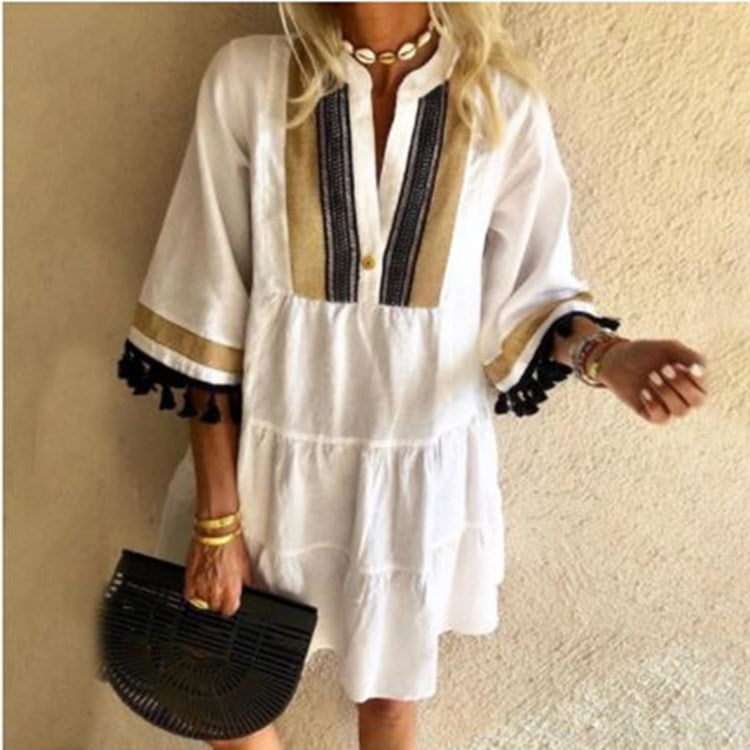 Printing Autumn Cute Temperament Printed Tassel V-neck Short Dress