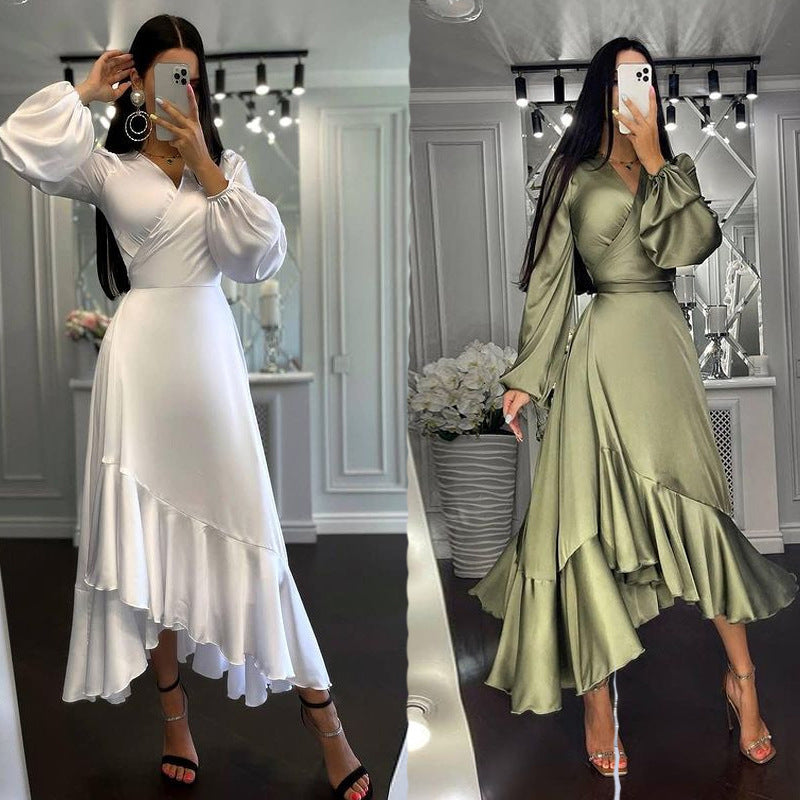 Women's Deep Long Sleeve Asymmetric Skirt Solid Color Slim Fit Dress