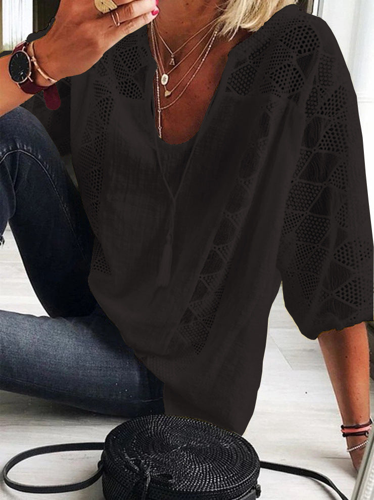 Loose Lace Pullover Stitching U-neck 3/4 Sleeve Top