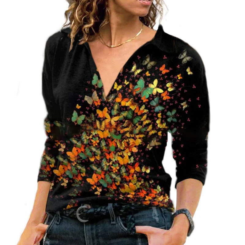 Women's Pullover Vintage Printed Lapel Long Sleeve T-shirt