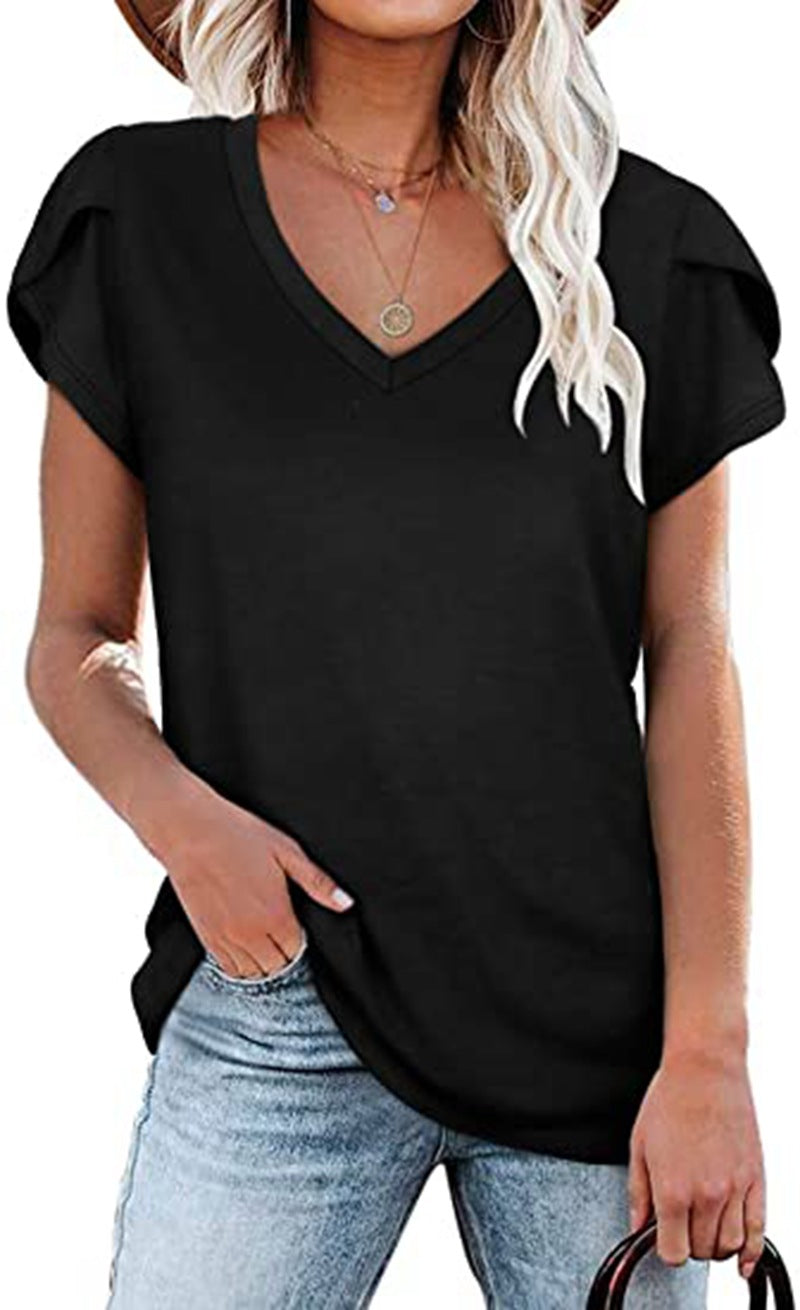 Solid Color V-neck Leisure Short Sleeve Top Women's T-shirt