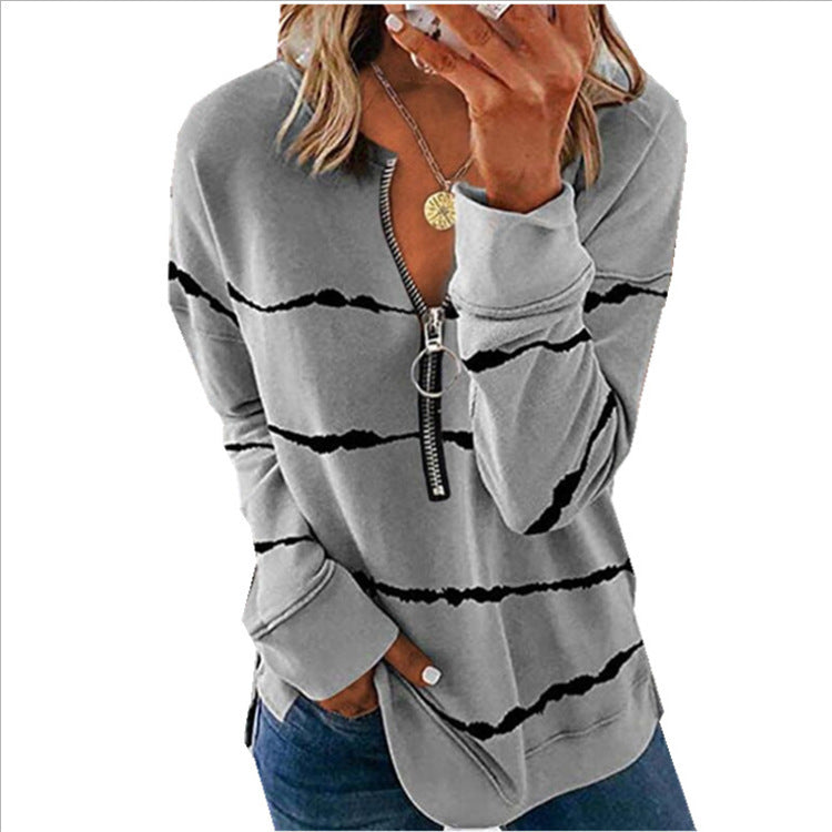 Autumn Striped Zipper V-neck Long Sleeve Large Stripes Size Loose-fitting Women's T-shirt