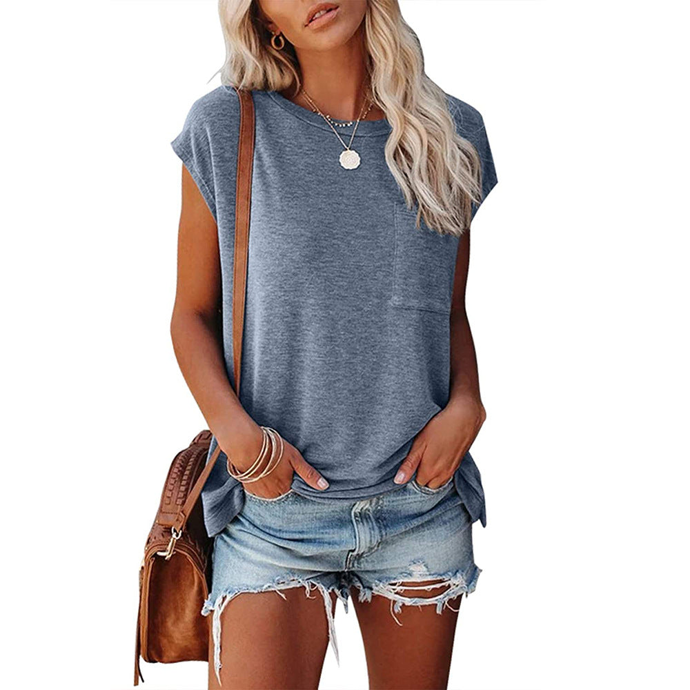 Women's Solid Color Round Leisure Neck Pocket Shoulder Short-sleeved T-shirt