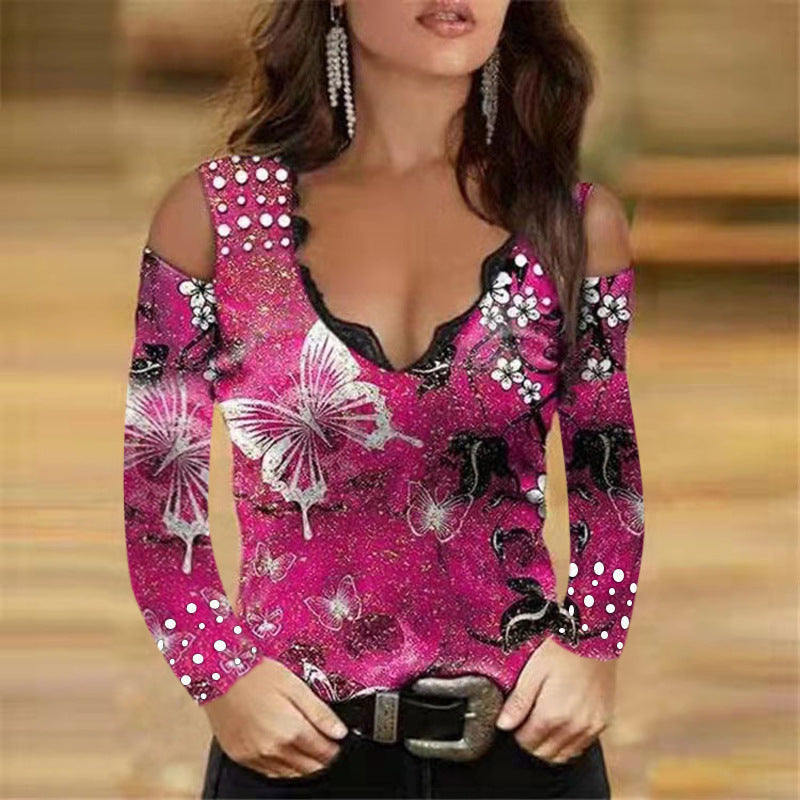 Long Pullover Sleeve Sexy Print V-neck Lace Off-the-shoulder T-shirt