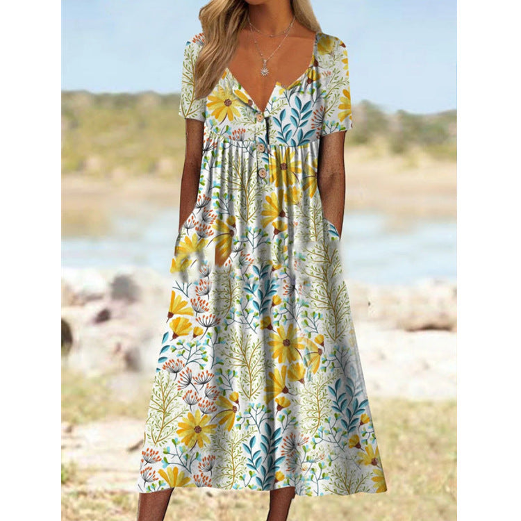 Spring Printed V-neck Button Long Skirt Short Sleeve Women's Pocket Dress