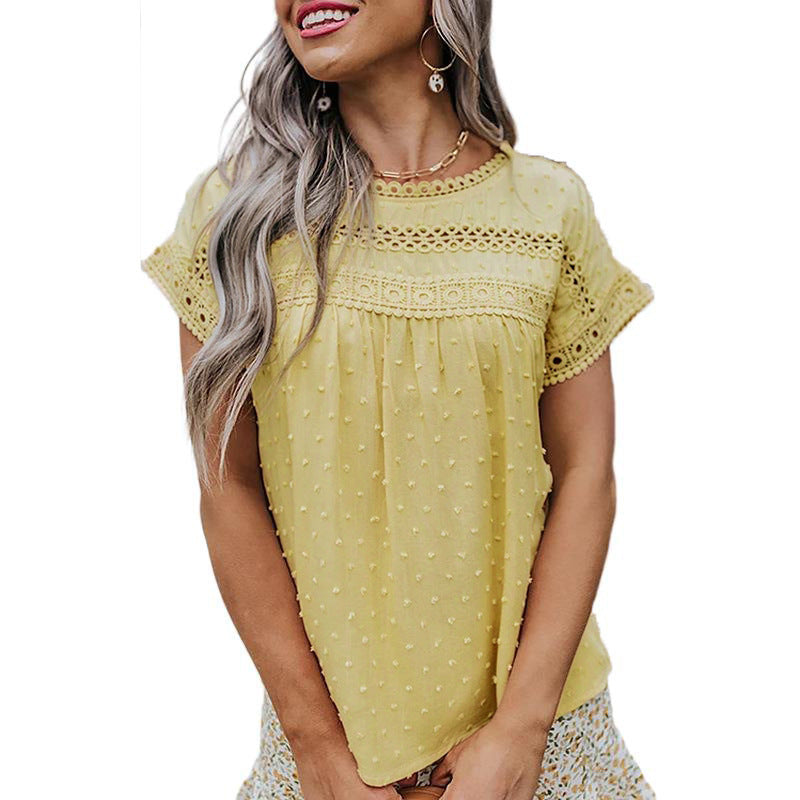 Round Neck Lace Crochet Solid Color Short Sleeve Casual Top Women's Shirt
