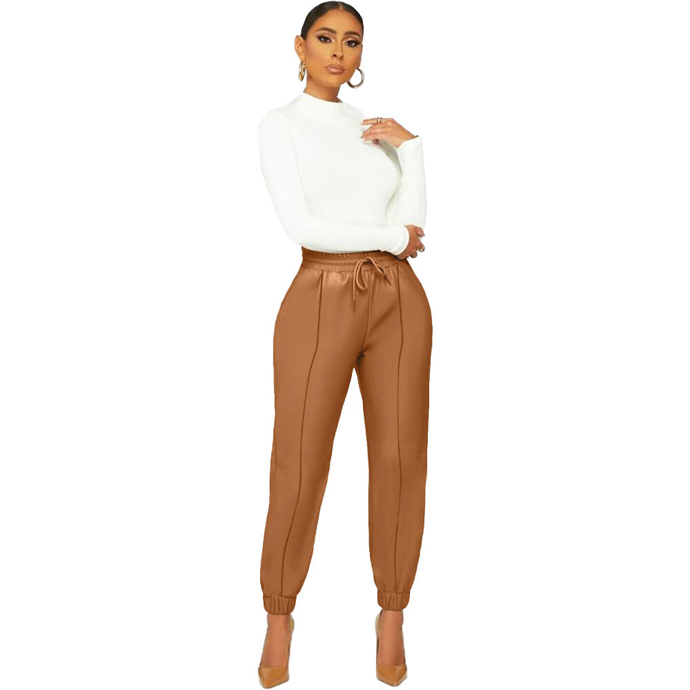 Women's Solid Mid Waist Color Sexy Leather Casual Pants Skinny Leggings