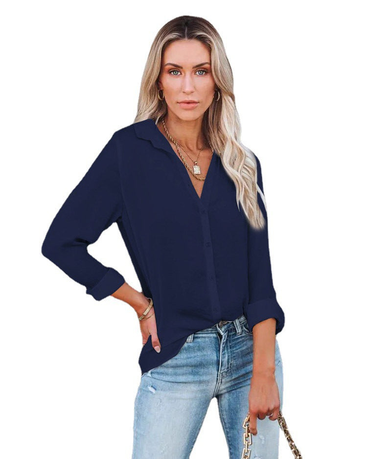 Women's Polyester Fiber Casual Loose Long Sleeve Button V-neck Shirt Top