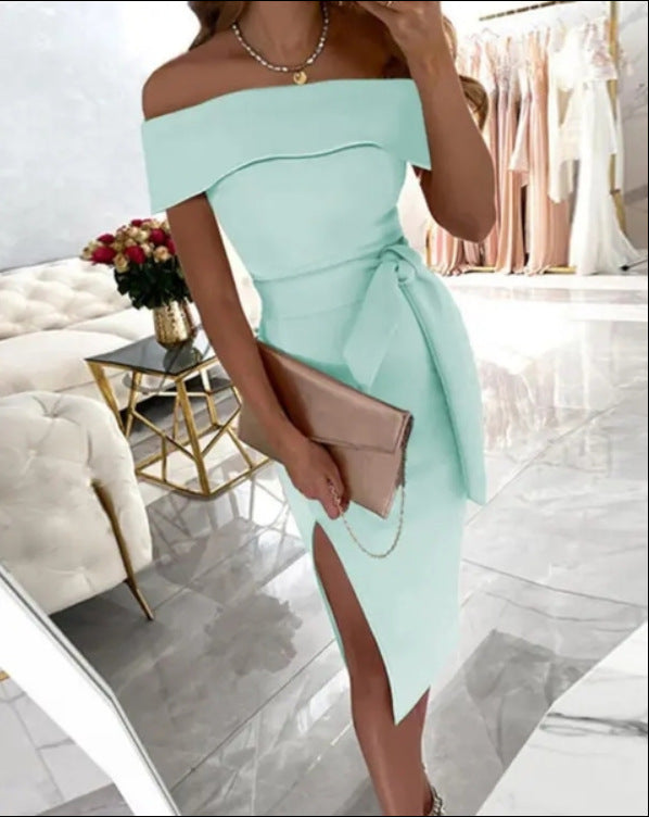 Summer Off-neck Solid Mid Waist Color Lace-up Regular Dress