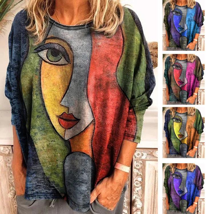 Large Size Women's Printing Print Long Sleeve Loose T-shirt