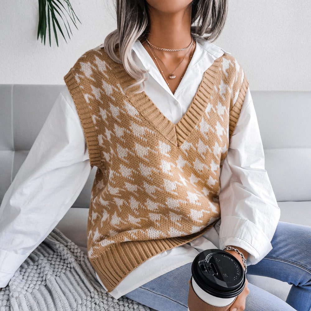 V-neck Casual Loose Houndstooth Knit Sweater Women's Vest